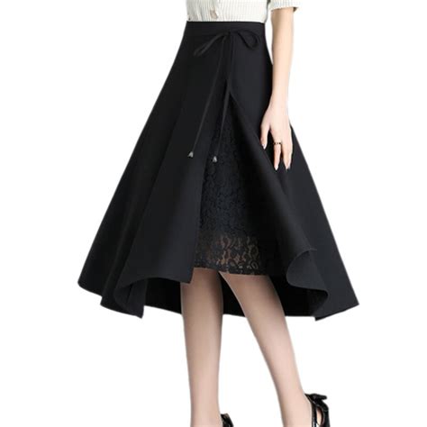 Plus Size Xxxxl Black Elegant Patchwork Bows Lace Skirt Women Irregular A Line Skirts High Waist