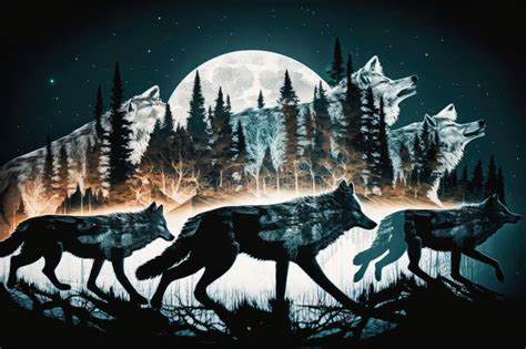 Double Exposure Of Wolf Running Through Forest And Pack Of Wolves