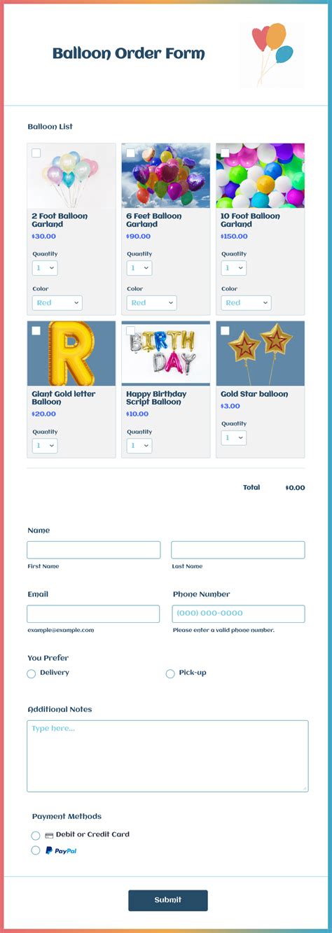 Balloon Order Form Template Jotform