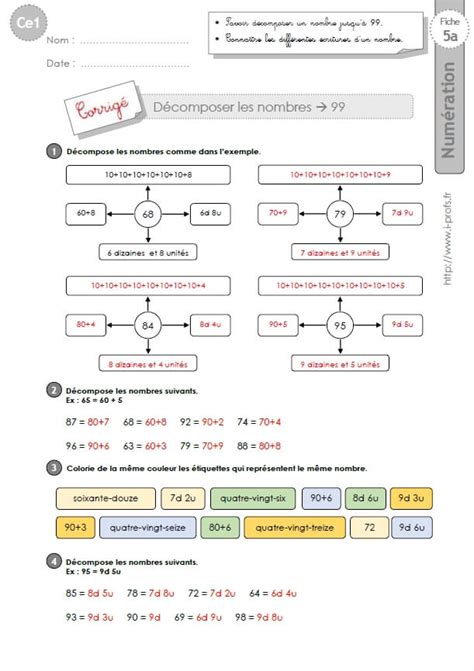 Ce1 Cycle2 Exercices Corriges Décomposer Les Nombres Jusquà 99