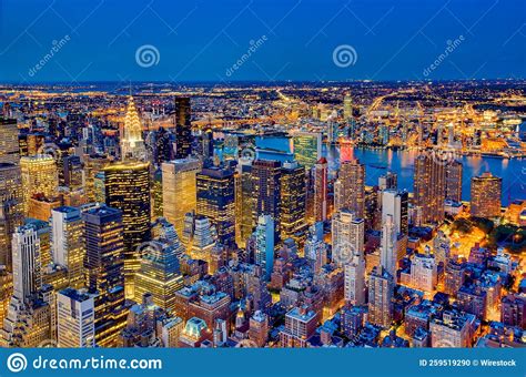 Aerial Illuminated Skyline View Of New York City At Night United