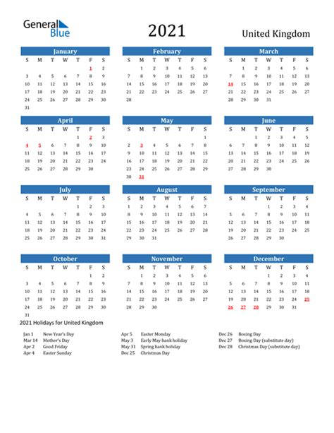 Monday start printable 2021 calendar with uk holidays. 2021 Calendar - United Kingdom with Holidays