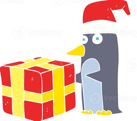 Vlak Kleur Illustratie Van Een Tekenfilm Kerstmis Pinguïn Met Cadeau
