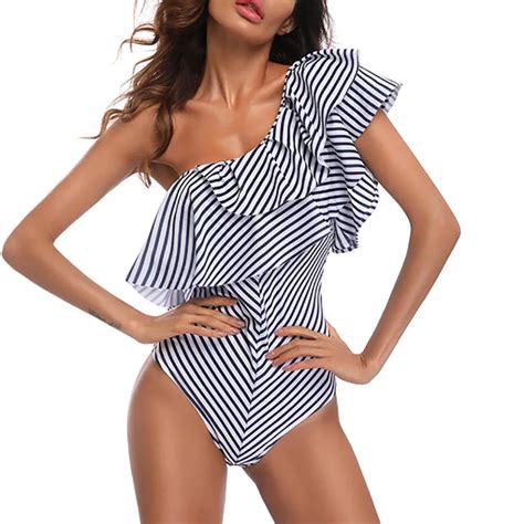 One Shoulder Striped One Piece Swimsuit Women Plus Size Swimwear