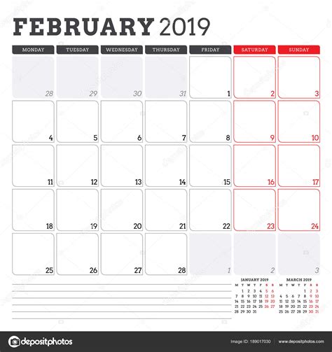 Planificador De Calendario Para Febrero De 2019 La Semana Comienza El