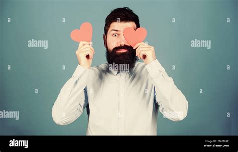 Man Bearded Hipster With Heart Valentine Card Celebrate Love Guy Attractive Beard And Mustache