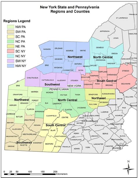 A New York And Pennsylvania State And County Boundaries Colored