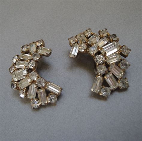Vintage Kramer Earrings Signed Clear Rhinestone Baquettes And Round