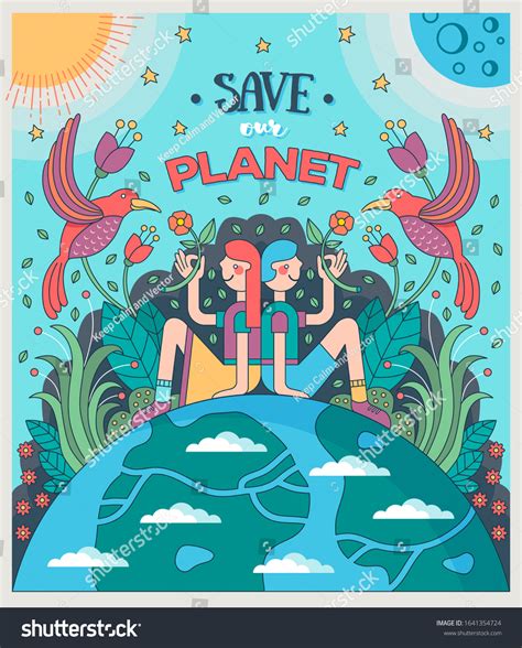 Save Our Planet Girl Boy Sitting Stock Vector Royalty Free
