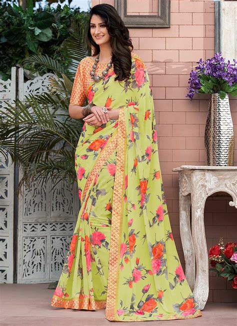 Buy Light Yellow Georgette Saree Printed Sari Online Shopping