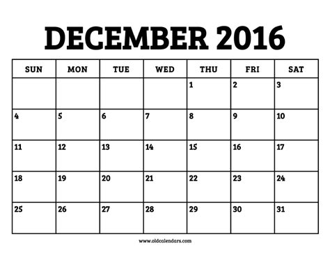Calendar December 2016 Printable Old Calendars