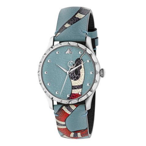 Gucci G Timeless Stainless Steel Light Blue Leather Kingsnake Watch