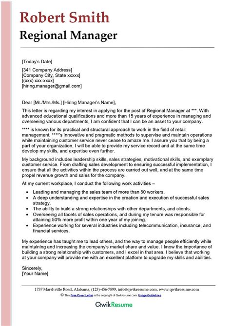 Regional Manager Cover Letter Examples Qwikresume