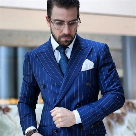 Double Breasted Royal Blue Stripe Men Suit For Wedding
