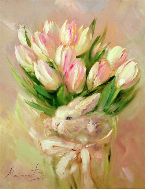 Bunny painting, Rabbit painting, Tulips painting, Spring flowers, Original oil painting ...