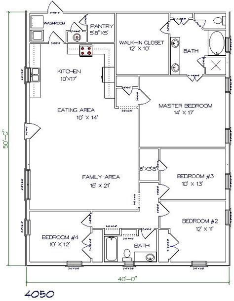 Bedroom Dreams Barndominium Floor Plan 4 Bedroom 2 Bathroom 40x50 More