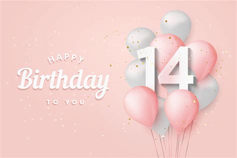Happy 14th Birthday Balloons Greeting Card Background Stock