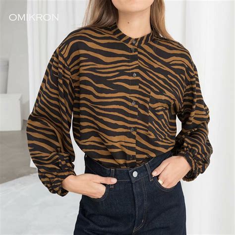 OMIKRON Fashion Women Leopard Tiger Printed Vintage Blouse Shirts