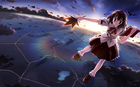 Wallpaper Anime Reflection Sky Flying Leaf Girl Smile Book