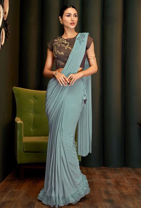 Steel Blue Lycra Ruffle Drape Saree Party Wear Sarees Saree Designs