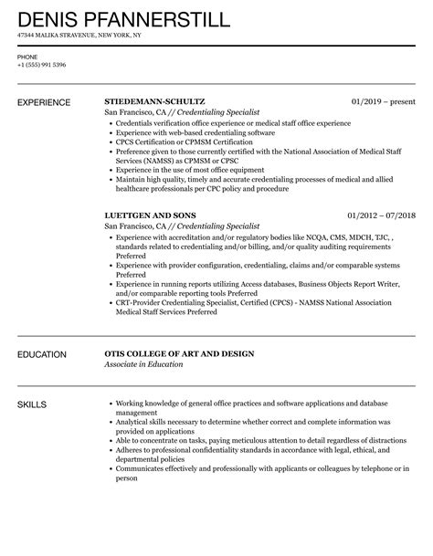 Credentialing Specialist Resume Samples | Velvet Jobs