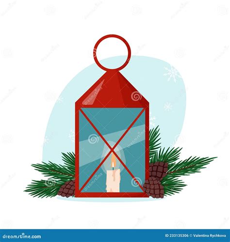 A Red Lantern With A Burning Candle And Decoration Of Spruce Branches