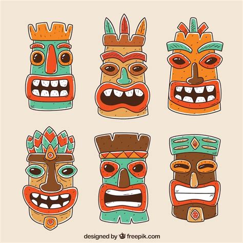 Conjunto Divertido De Máscaras Hawaianas Dibujadas A Mano Vector Gratis