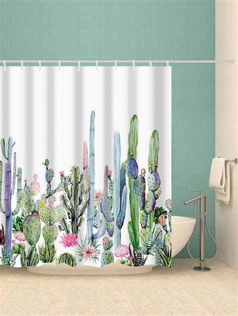 Green Plants Cactus Flowers Print Shower Curtain Printed Shower