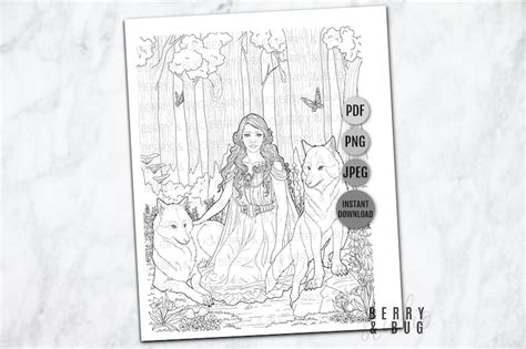 Wolves Woman Coloring Page Printable Adult Coloring Page Etsy