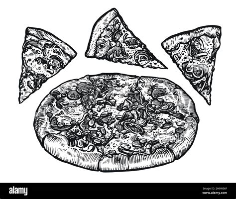 Whole Pizza And Slices Hand Drawn Pepperoni Sketch Style Traditional