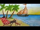 How to draw Island Sea Beach Scenery step by step | Beach drawing, Oil ...