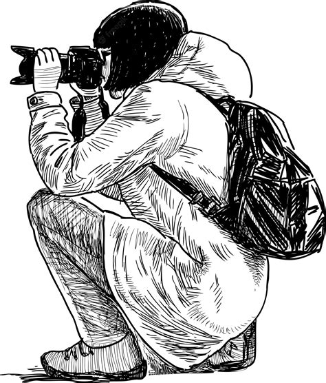 Premium Vector Sketch Of Photographer Girl Squatting And Taking
