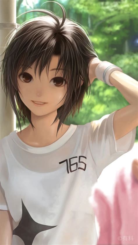 An Anime Girl With Black Hair Wearing A White T Shirt And Holding Her Hands Behind Her Head