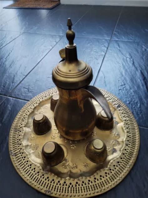 VINTAGE ARABIC DALLAH Middle Eastern Brass Etched Coffee Pot 30cm Set