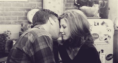 Friends Ross And Rachel Kiss Reaction - going in for kiss, eyes slowing closing mouth suddenly open a little