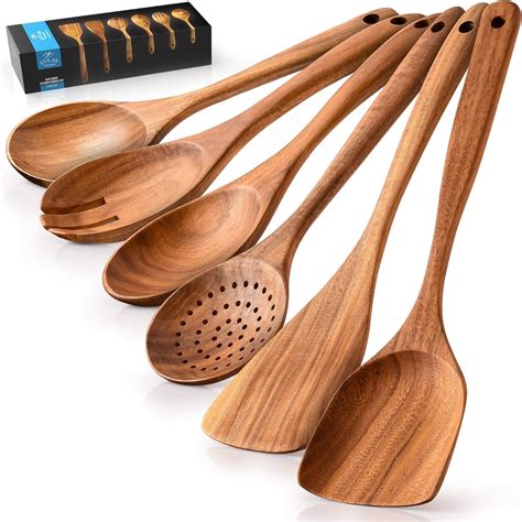 Zulay Kitchen 6 Piece Wooden Spoons For Cooking Smooth Finish Teak Wooden Utensils