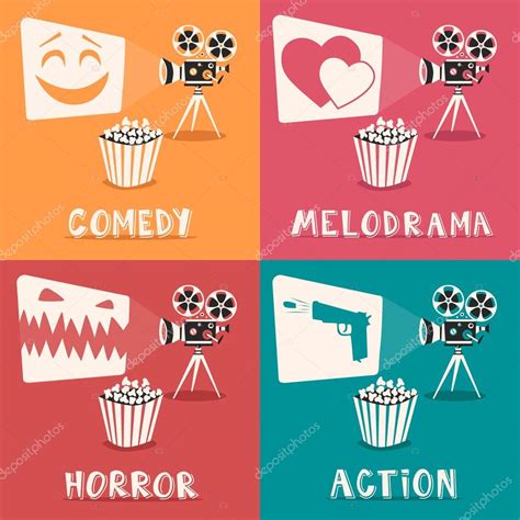 Movie Genres Poster Cartoon Vector Illustration Film Projector And