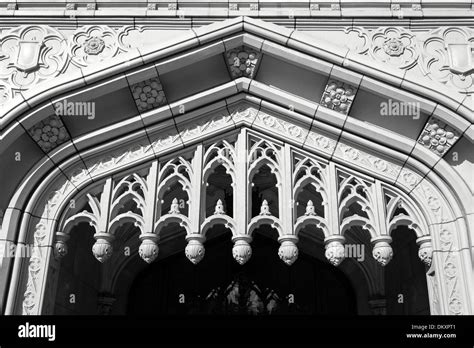 Moorish and Gothic decoration above the entrance to the Bellingham