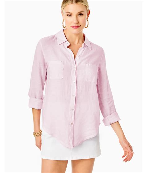 Lilly Pulitzer Sea View Linen Button Down Top In Urchin Pink X Resort