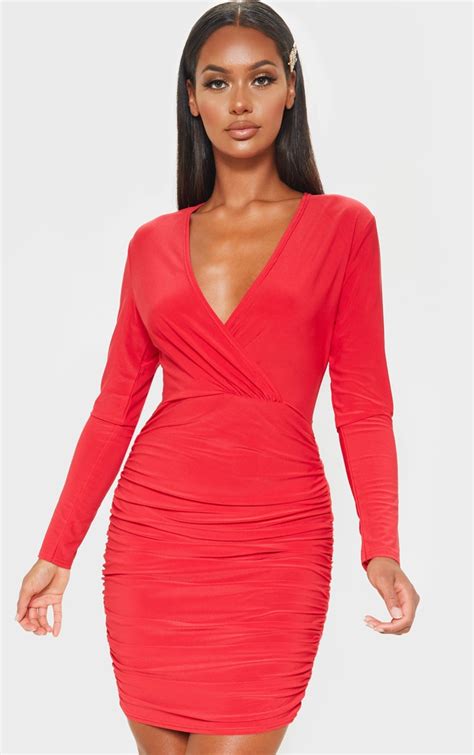 Red Slinky Wrap Bust Ruched Side Bodycon Dress Prettylittlething Ie