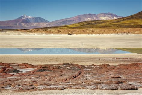 Salt Lake In Piedras Rojas Volcanic Landscape At Sunrise Atacama