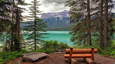 Emerald Lake Yoho Np British Columbia Mountains Bench Landscape