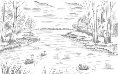 How To Draw A Lake Easy With Pencils Scene In The Background