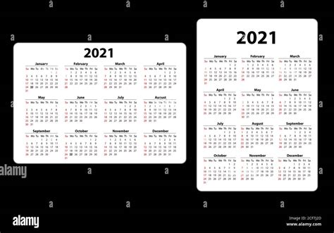 Two Pocket Calendar On 2021 Year Horizontal And Vertical Week Starts