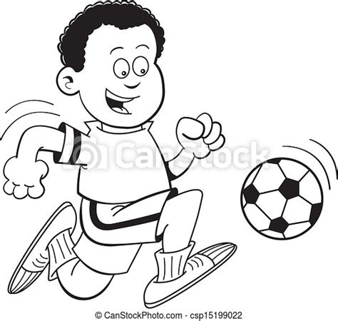Cartoon African Boy Playing Soccer Black And White Illustration Of An