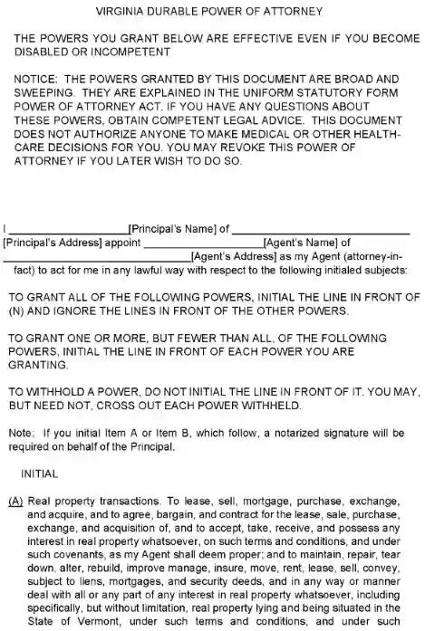 Free Virginia Durable Power Of Attorney Form Pdf Word Printable