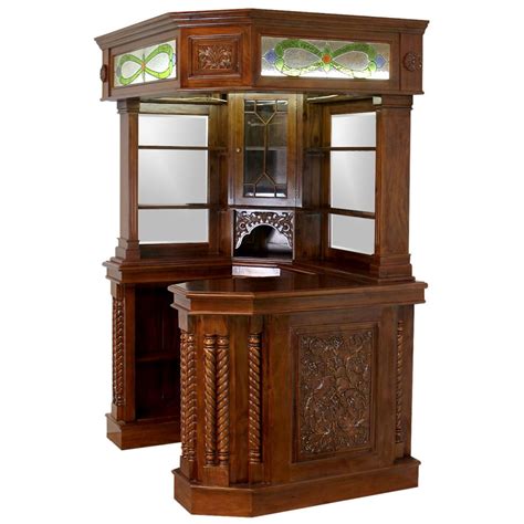 Corner Home Bar Furniture Solid Mahogany With Tiffany Glass Canopy