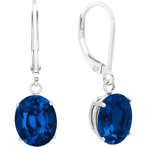 Sterling Silver Oval Created Blue Sapphire Leverback Earrings