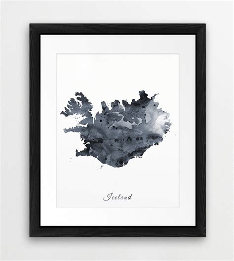 Iceland Map Printable Art Iceland Watercolor Grey Black Etsy
