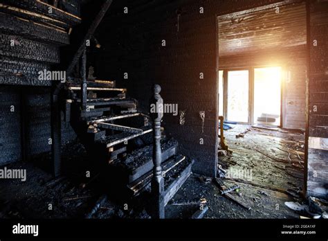 Burnt Wooden House Interior Charred Stairs And Walls Consequences Of